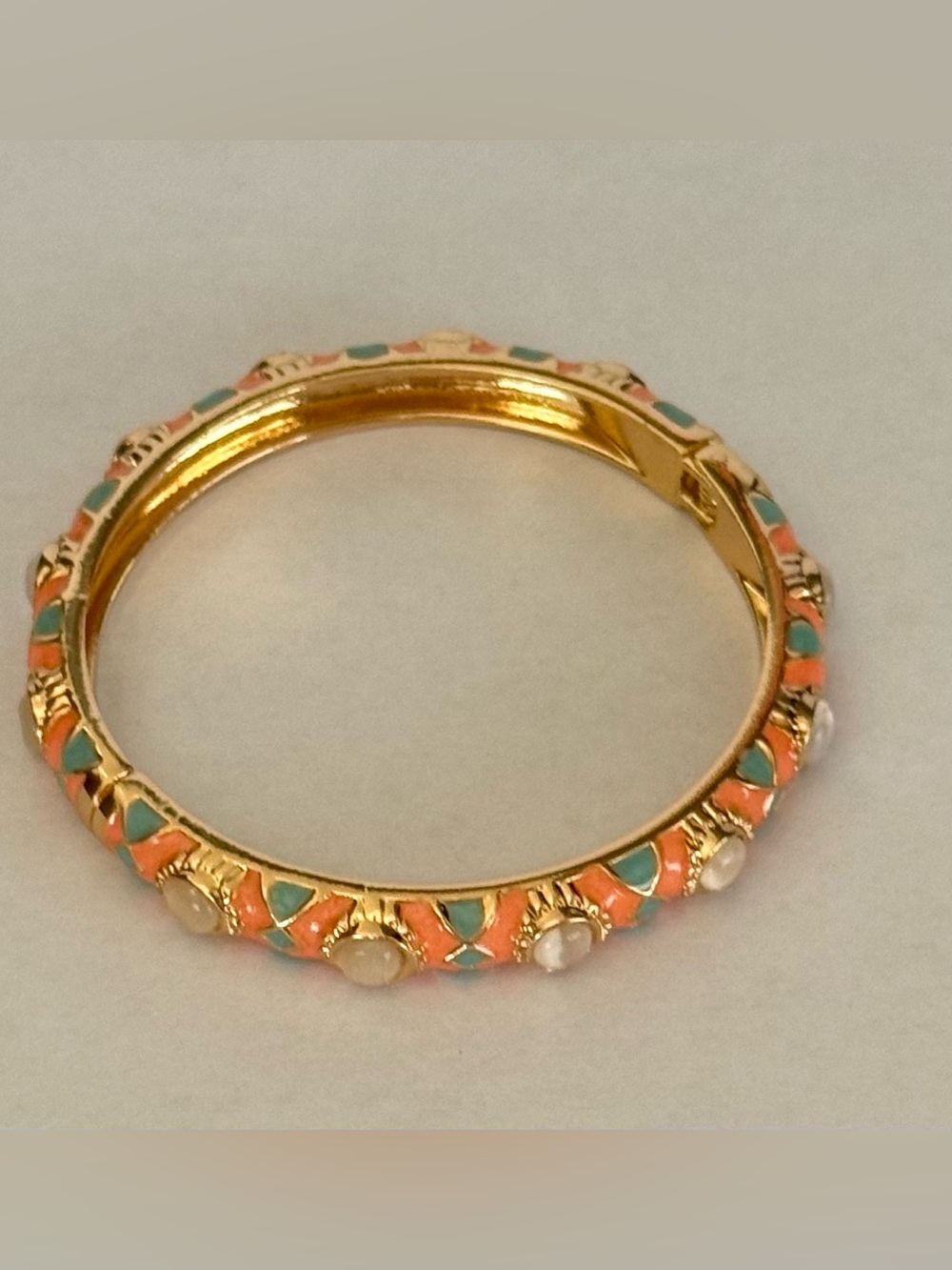 Gold-Tone Coral & Teal Enamel Bangle Bracelet with Pearl Accents